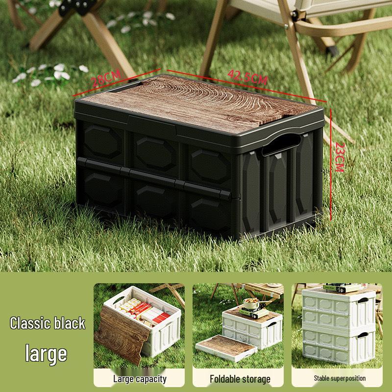 Foldable Outdoor Camping Storage Box with Wooden Lid - Perfect for Picnics, Car Trunks, and Home Use