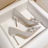 Spring and summer new champagne bow high heels women's pointed head shallow mouth crystal stiletto bridal wedding shoes