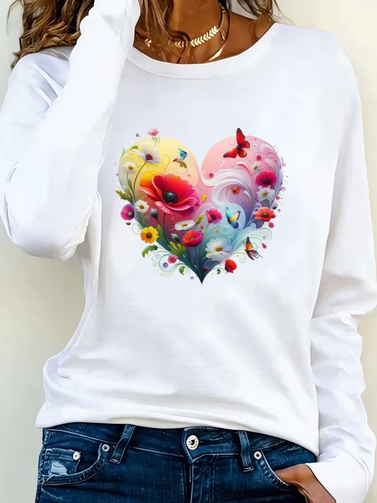 (Asian Size) Tee Lady Printed  Female Watercolor Flower Trend Clothing Women T Shirt Casual Fashion Top Long Sleeve  Graphic T-shirts