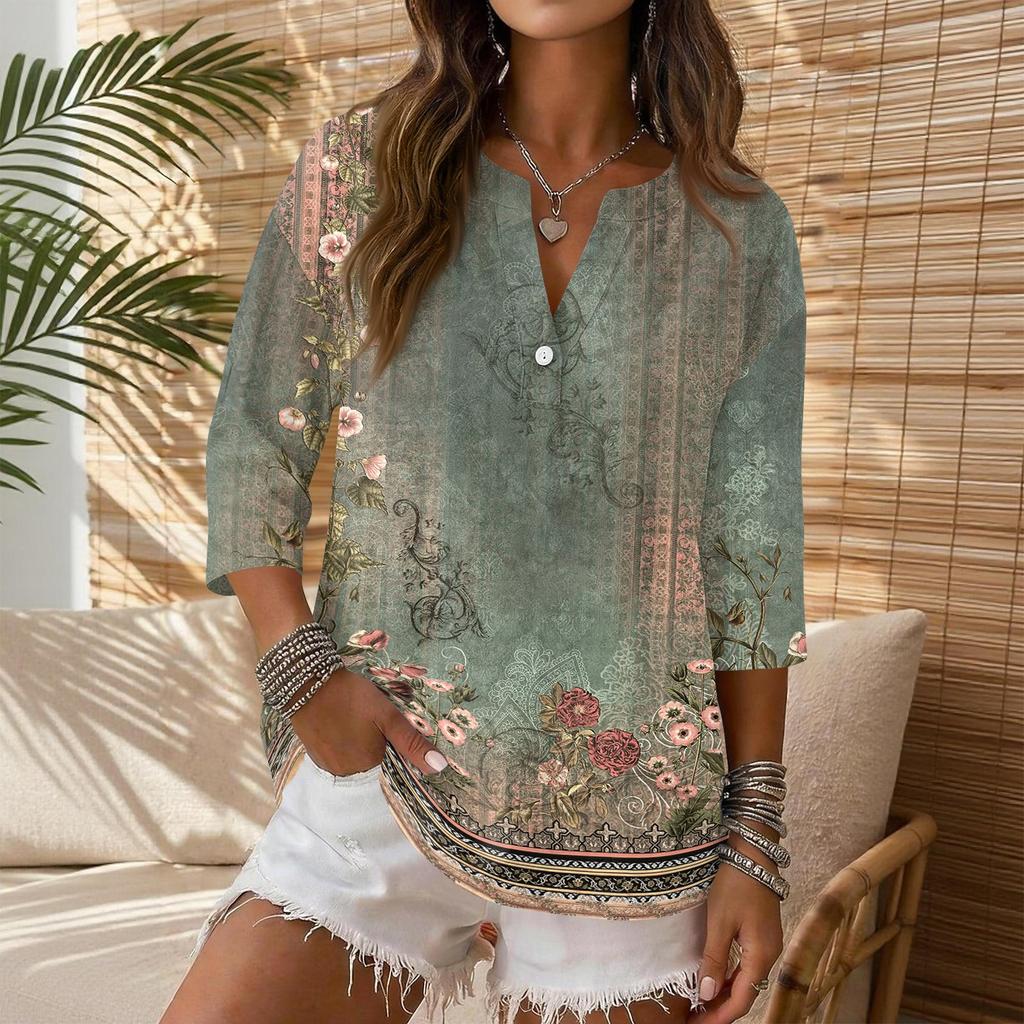 Women's Casual Vintage Floral Print V Neck Button 3/4 Sleeve Top Linen Cotton Blend Shirt for Everyday Wear