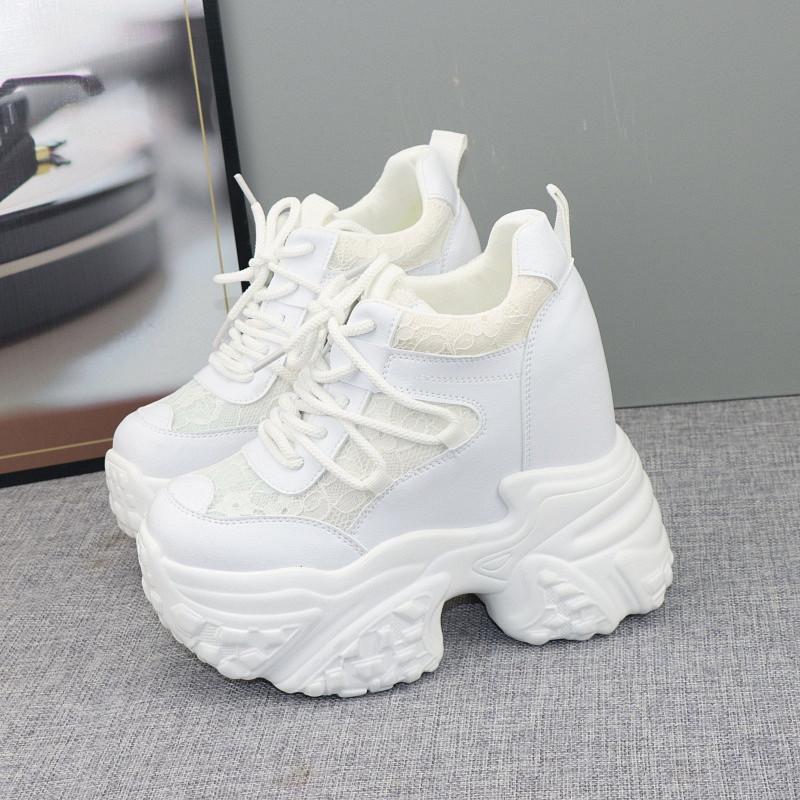 Fashion 12cm Hidden Heel Dad Shoes Women Thick Sole Casual Breathable Mesh Block Heel 10cm White Sneakers