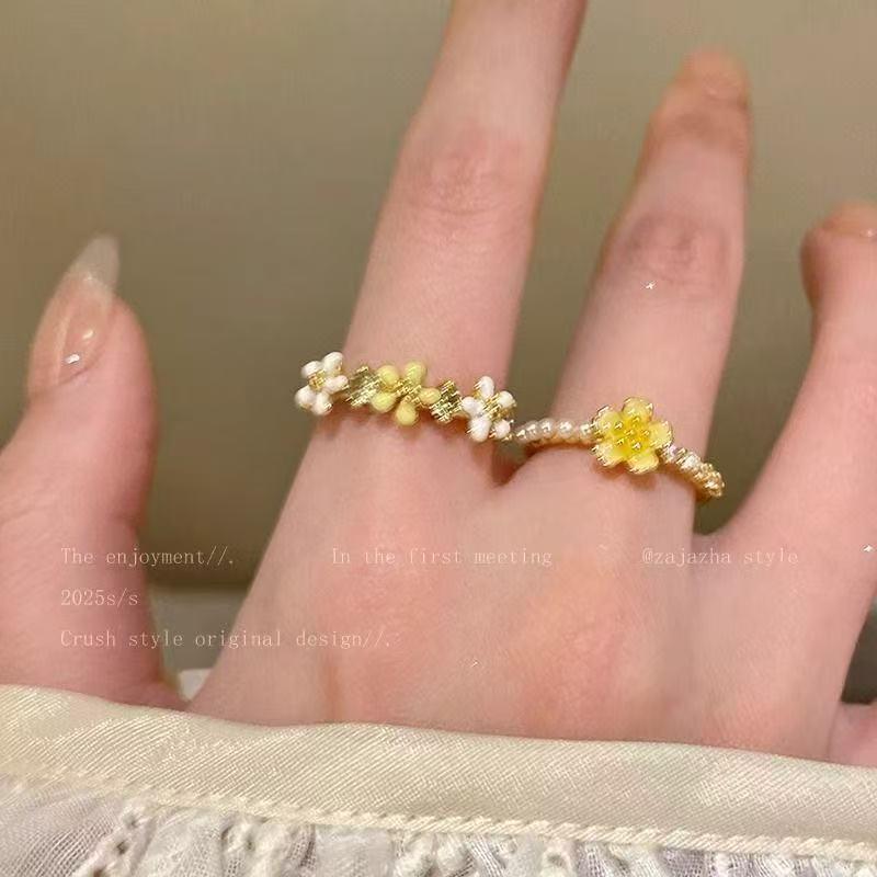 Kirschblüten-Emaille-Ring mit Perlenstern & Gänseblümchen – Exquisites Mode-Design für Damen
