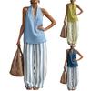 Women Cotton Linen 2 Piece Sets Sleeveless Halter V Neck Top And Striped Wide Leg Pants Sets Summer Vacation Lounge Outfits