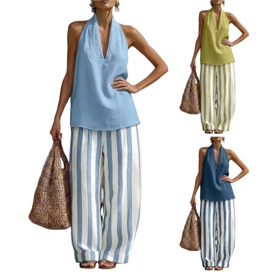 Women Cotton Linen 2 Piece Sets Sleeveless Halter V Neck Top And Striped Wide Leg Pants Sets Summer Vacation Lounge Outfits