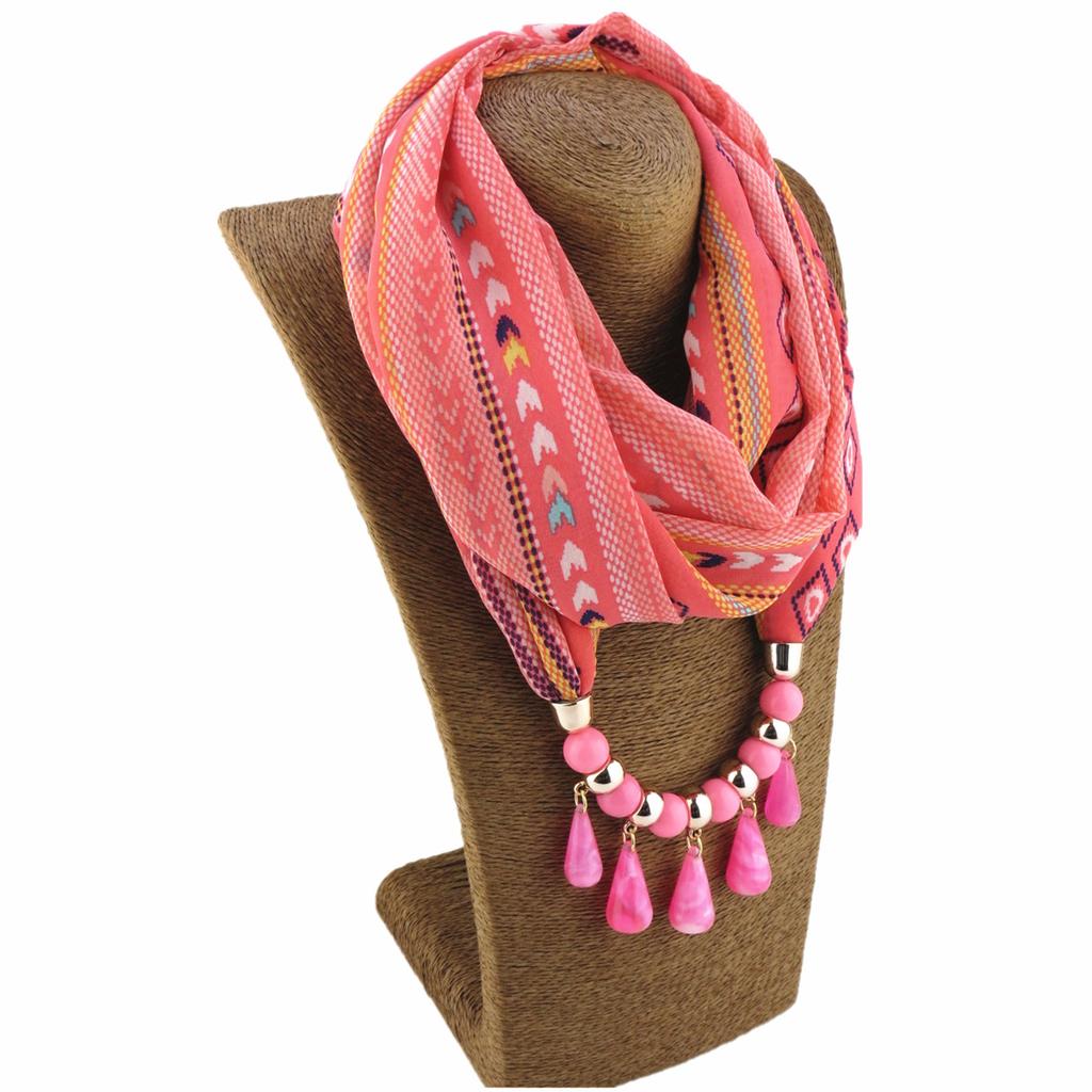 Vibrant Chiffon Infinity Scarf with Ethnic Print & Beaded Tassel Necklace – Women’s Boho Fashion Accessory