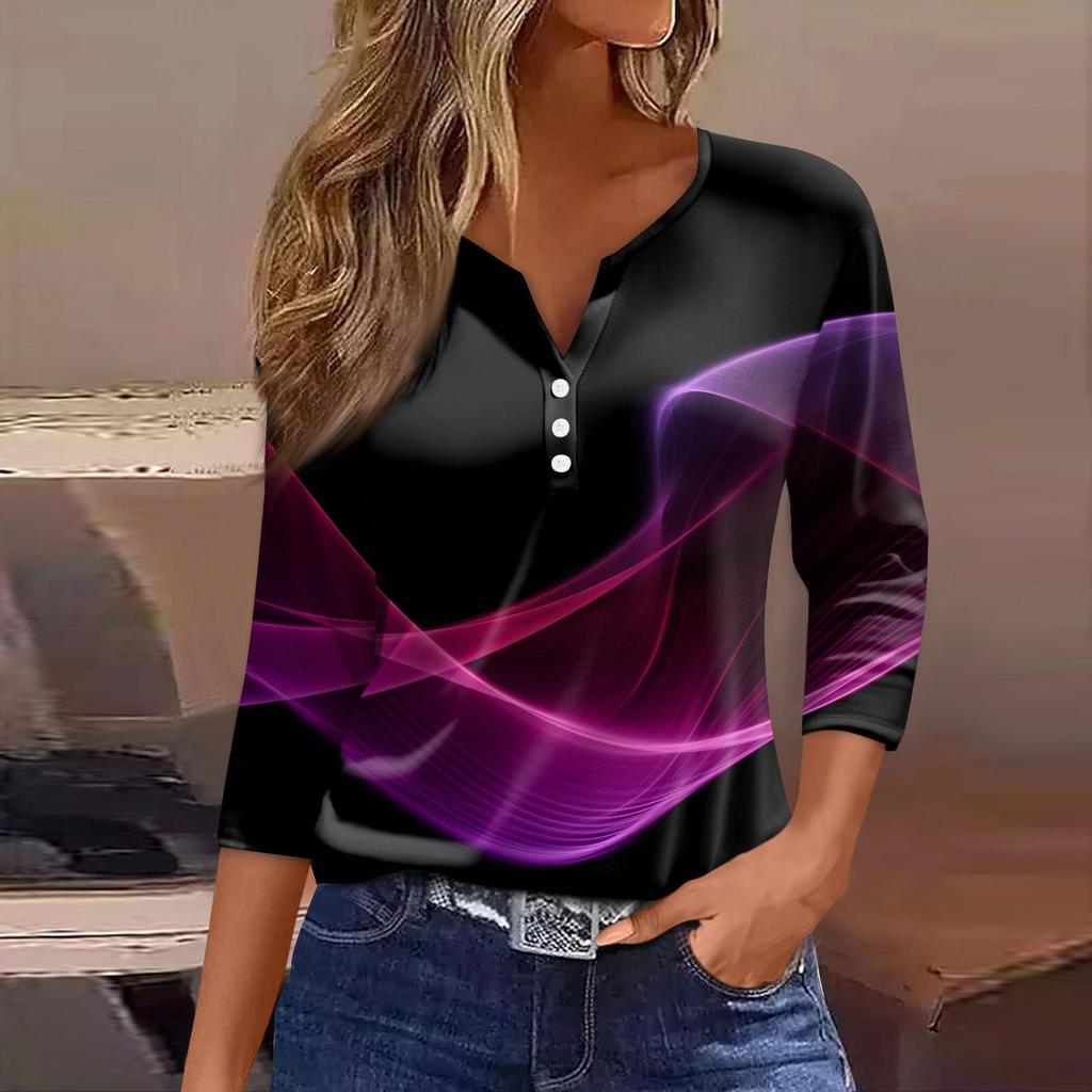 Damen T-Shirt mit Aufdruck, Knopfleiste, 3/4-Ärmel, für den Alltag, Wochenende, Basic, V-Ausschnitt, normales Oberteil