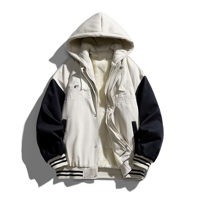 Nieuwe Herenjas Jeugd Trendy Capuchon Fake Tweedelig Kleding Plus Fluweel Verdikt Baseballuniform voor Heren XXXL gray