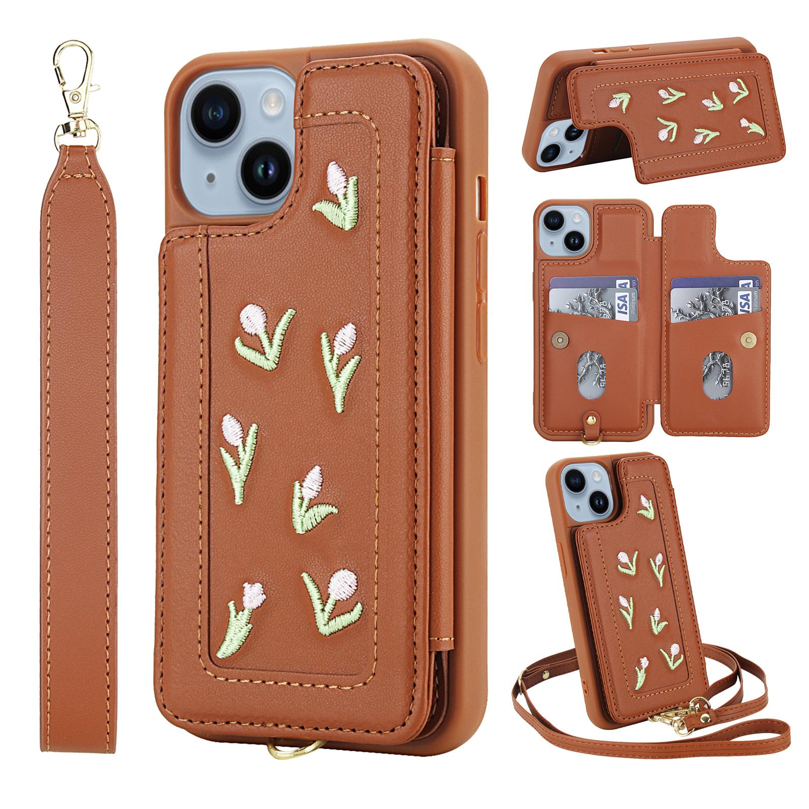 

For iPhone 15 Case Embroidered Tulips PU Leather Card Holder Back Cover with Shoulder Strap/Wrist Strap Brown