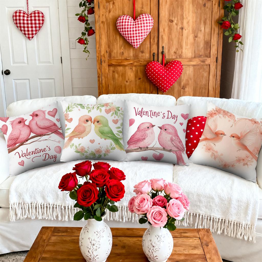 4pcs Valentine'S Day Heart Wreath Birds Throw Pillow Covers | Polyester, Zip Closure, Suitable for Bedroom, Sofa, Wedding Anniversary, Party DecoR