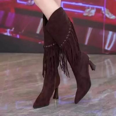 2024 Nové dámské boty Boční zip Dámské kozačky Módní střapce Moderní kozačky Dámské Sexy špičaté kozačky nad koleno Zapatos Mujer