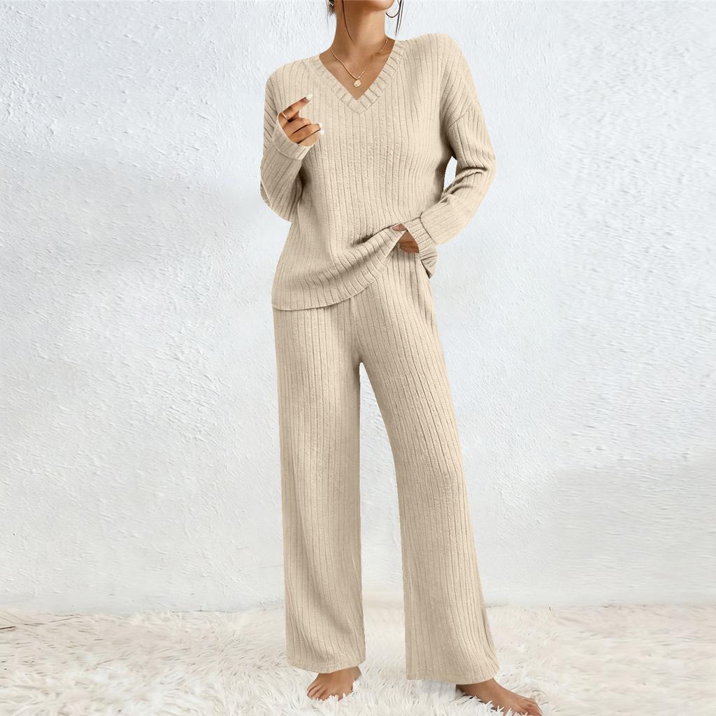 Women's Fashion Solid Color V Neck Long Sleeve Top Elastic Waist Casual Pants Two Piece Set