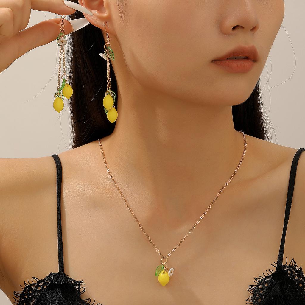 Fresh Lemon Fruit Dangle Earrings Pendant Necklace Matching Jewelry Set Summer Fruit Themed Accessory for Women