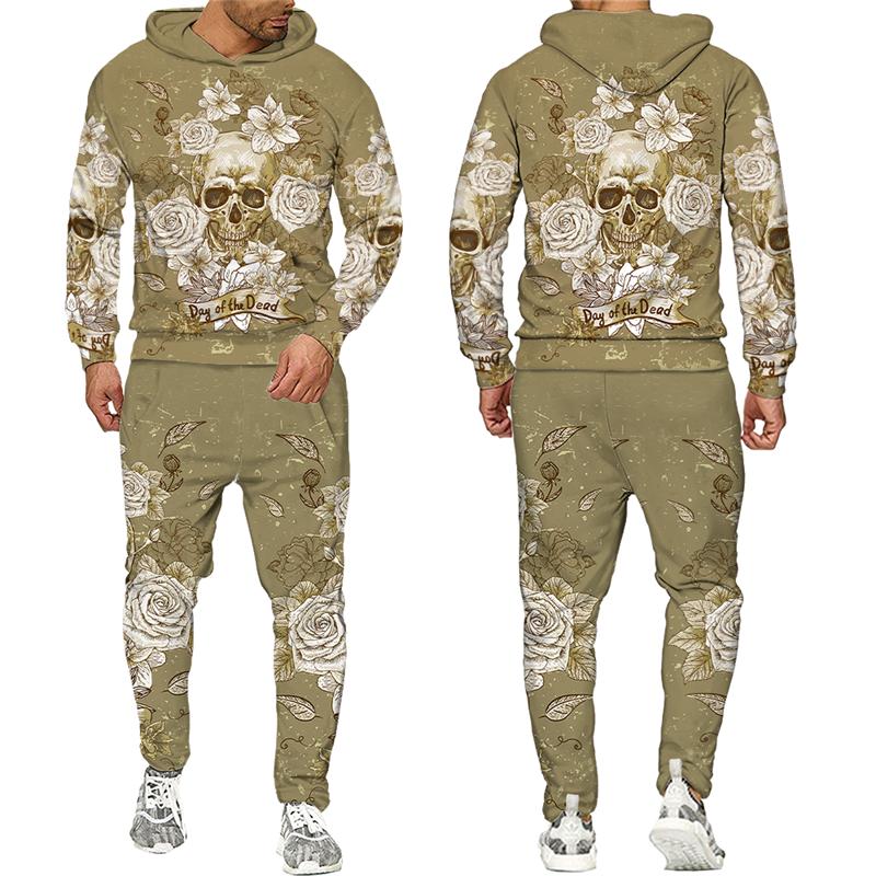 Noutate Skull Flower 3D Printed Trening Set 2 piese Hanorac cool pentru bărbați + Pantaloni Costum de jogging Unisex Hip Hop Casual Street Clothing