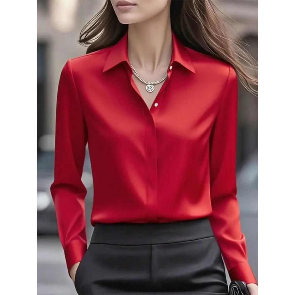 Damen-Hemd mit Umlegekragen, langen Ärmeln, aus Satin, Regular Fit, für den Weg zur Arbeit