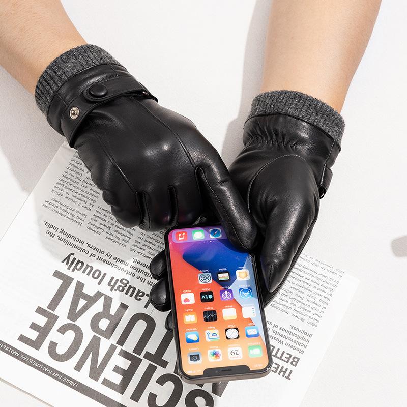 Men's Genuine Leather Gloves with A Top Layer of Sheepskin for Warmth Touch Screen for Cycling Fleece and Thickened  Autumn and Winter