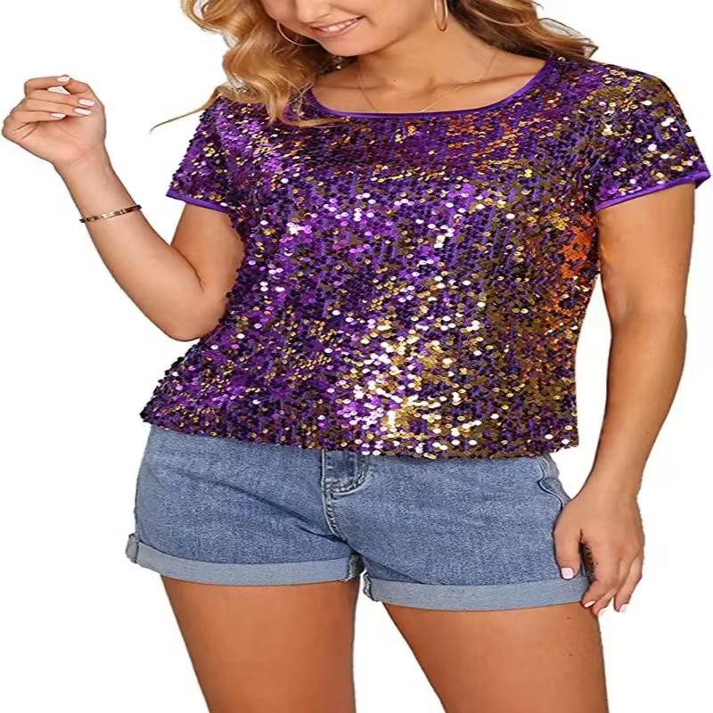 2023 Flitrové Korálkové Překlápěcí Kulatý Výstřih Slim Fit Krátký Rukáv Párty Top