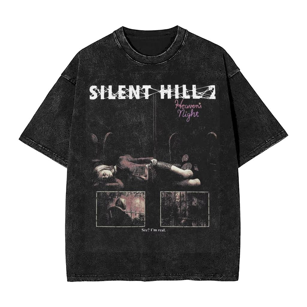 Gewaschene T-Shirts Horror Silent Hill Heavens Night Hip Hop T-Shirt Street Streetwear Kurzarm Bedruckte Oberteile T-Shirts Herren Damen