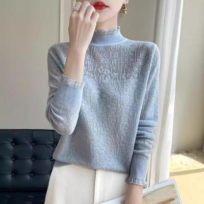 Autumn Winter Sweet Lace Crocheted Long-sleeved French Pullovers Knitted Bottoming Shirt for Women Half Turtleneck Sweater Top