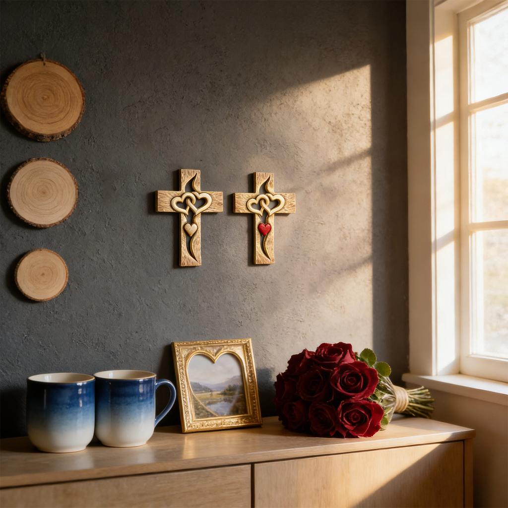 Marriage Cross For Wall Love Wall Decor, Handmade Wooden Intertwined Heart Wall Cross For Wedding Valentine Christmas Gift