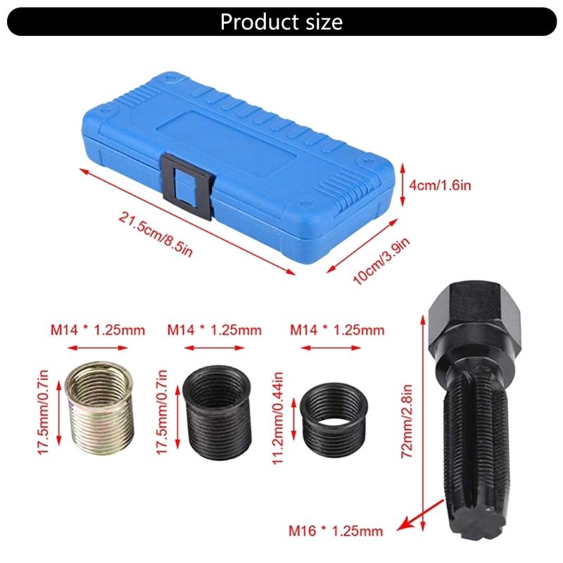 M14x1.25mm 14mm Spark Plugs Thread Repair Kit, 16Piece Steel Reamer Tap Set With Plastic Case For Automotive Maintenance