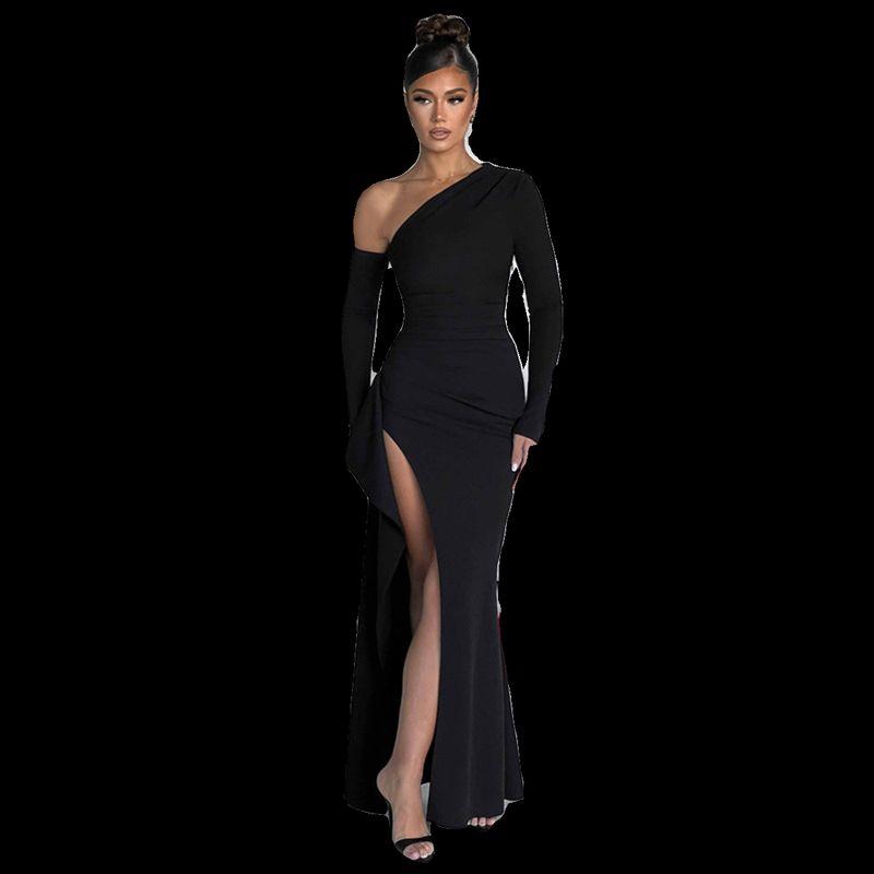Fashion Export Fall and Winter New Arrival Sexy Diagonal Collar Elegant Elegance Long Dress Single Sleeve Split Women's Dress/Evening Wear