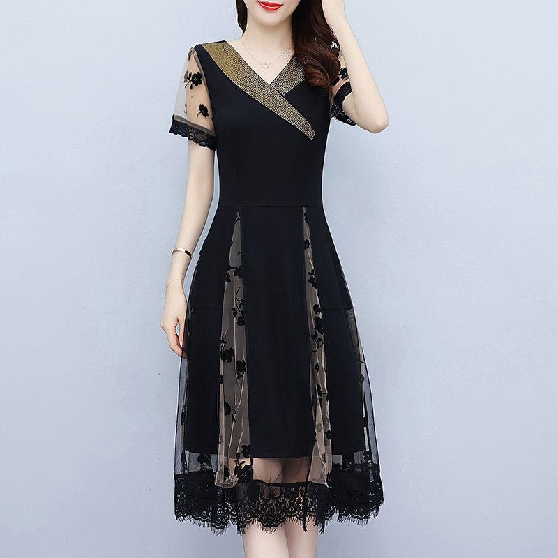 Summer V-neck Lace Dress Elegant Waist Tie Midi A-Line Dress Fashion Women Clothing