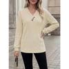 Women Solid Color V Neck Button Decoration Loose Long Sleeve Casual T Shirt Top