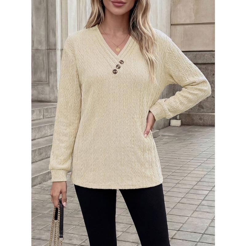 Women Solid Color V Neck Button Decoration Loose Long Sleeve Casual T Shirt Top