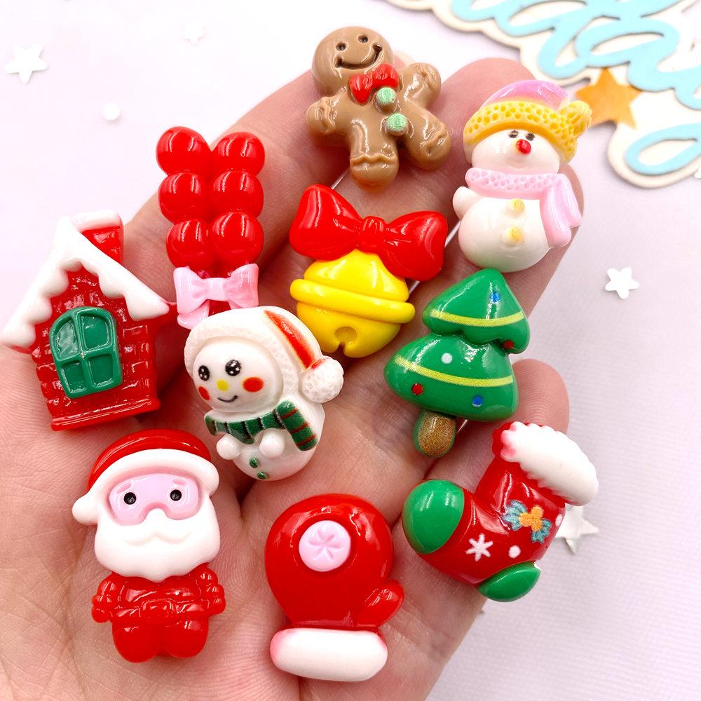 10PCS Resin Colorful Christmas Tree Santa Claus Snowman House Glove Flatback Stone Cartoon Figurines Scrapbooks DIY Decor Crafts