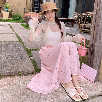White Polka Dot Skirt for Women New Summer Drooping Elastic Waist Covering Hips A-line Skirt Gentle Style Long Skirt