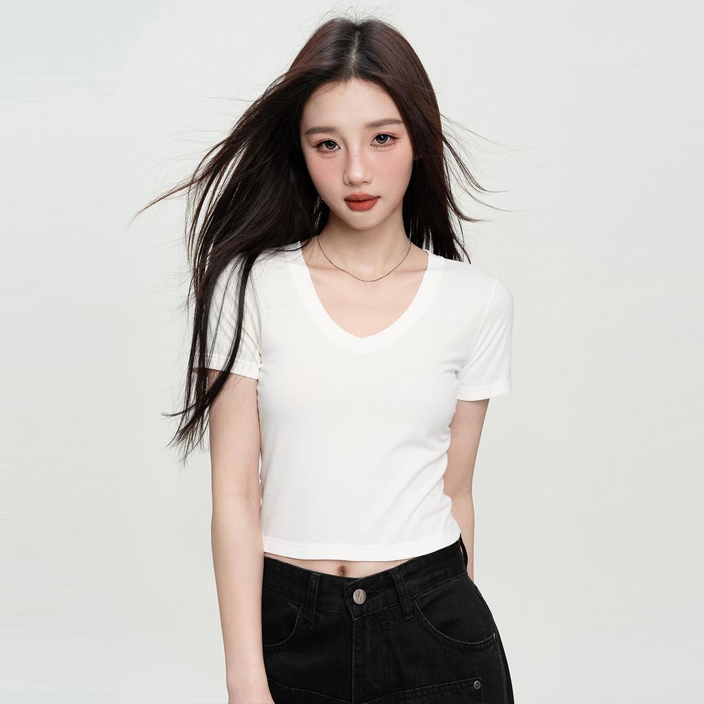 Summer Short-Sleeved Versatile Solid Color Fashionable Simple Design Slim Fit Women's T-Shirt Top