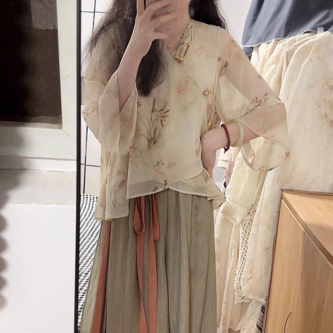 Zen-Inspired Chinese Retro Orchid Top & Pants Set M (for up to 125 jin)