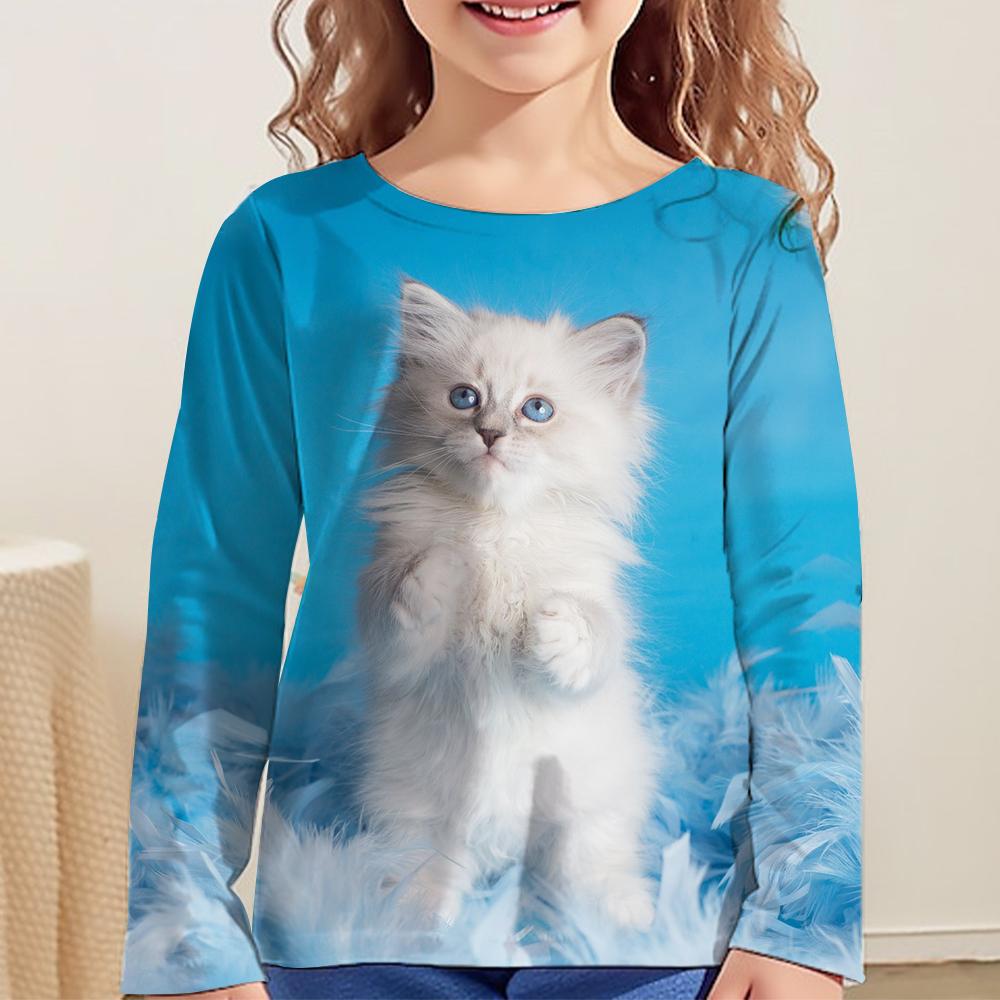 Children's Clothing Girl T-Shirts Long Sleeve 3D Cartoon Cat Print Kids Spring Fall Clothes Casual Round Neck Girl Clothes Tops
