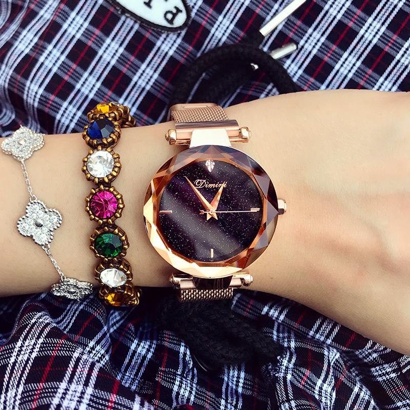 Часы Starry Sky Dial Rhinestone Scale Simple Mesh Belt с магнитной застежкой, водонепроницаемые кварцевые часы