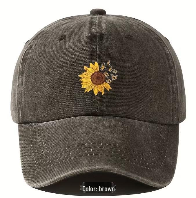 Sunflower Print Washed Dad Hat - Stylish Korean Baseball Cap for Men & Women, Versatile Sun Protection.