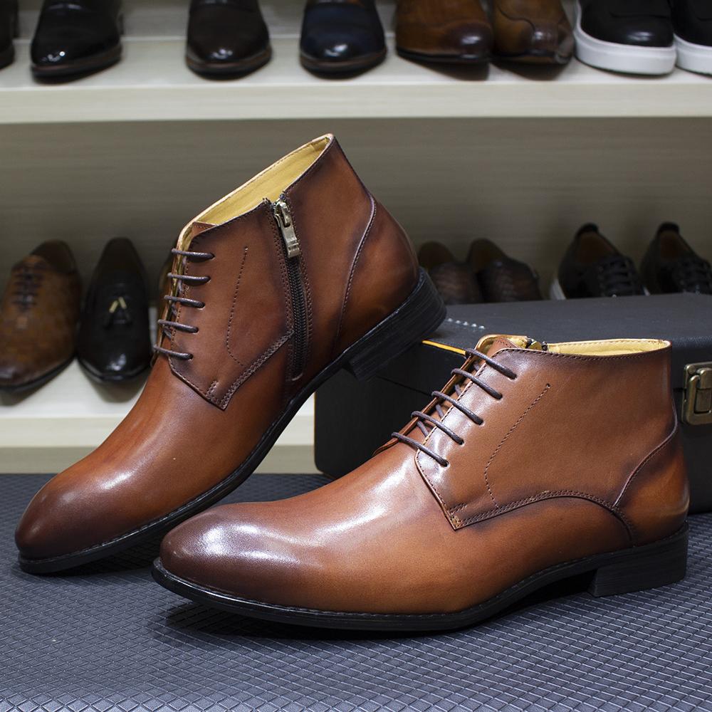 Fashion Luxury Men's Genuine Leather Ankle Boots Male Plain Toe Zipper Derby Shoes Handmade Lace Up Office Formal Basic Boots for Men