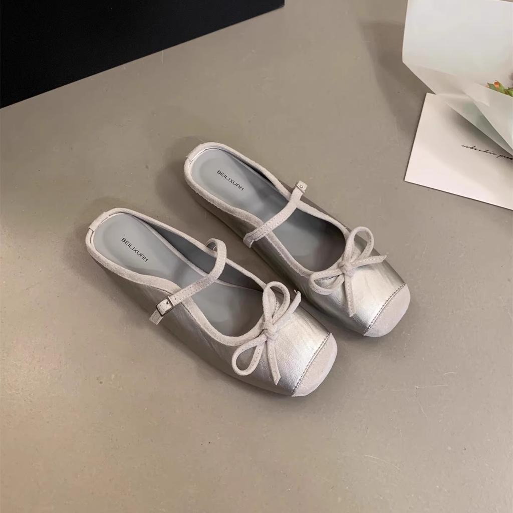 Inner height-increasing silver bag head half slippers women's outer wear 2025 new summer fairy evening platform Mary Jane single shoes