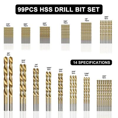 99pcs 1/4"-1/16" Twist Drill Set Anti-rust Wear Protection High Speed Steel Titanium Coated Drill Bit Landing