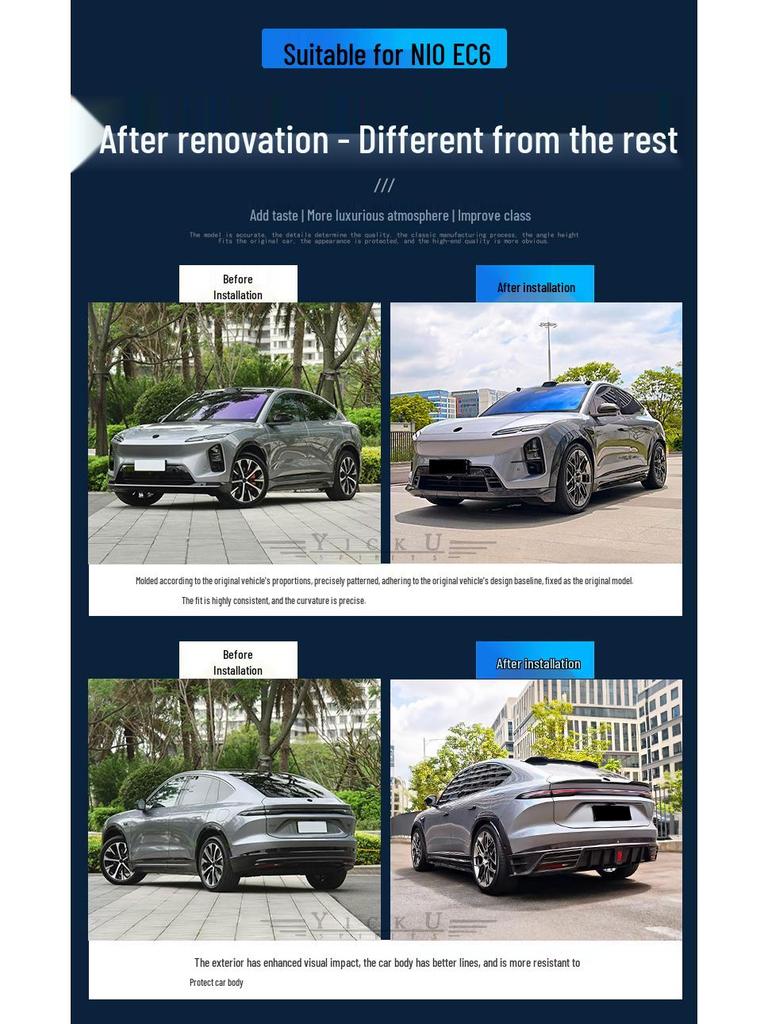 Compatible with NIO EC6: Modified Pluto Style Front Lip, Rear Lip, Top Wing, Tail Wing, Wind Deflector, Fender Trim, and Mirror Cover Kit.