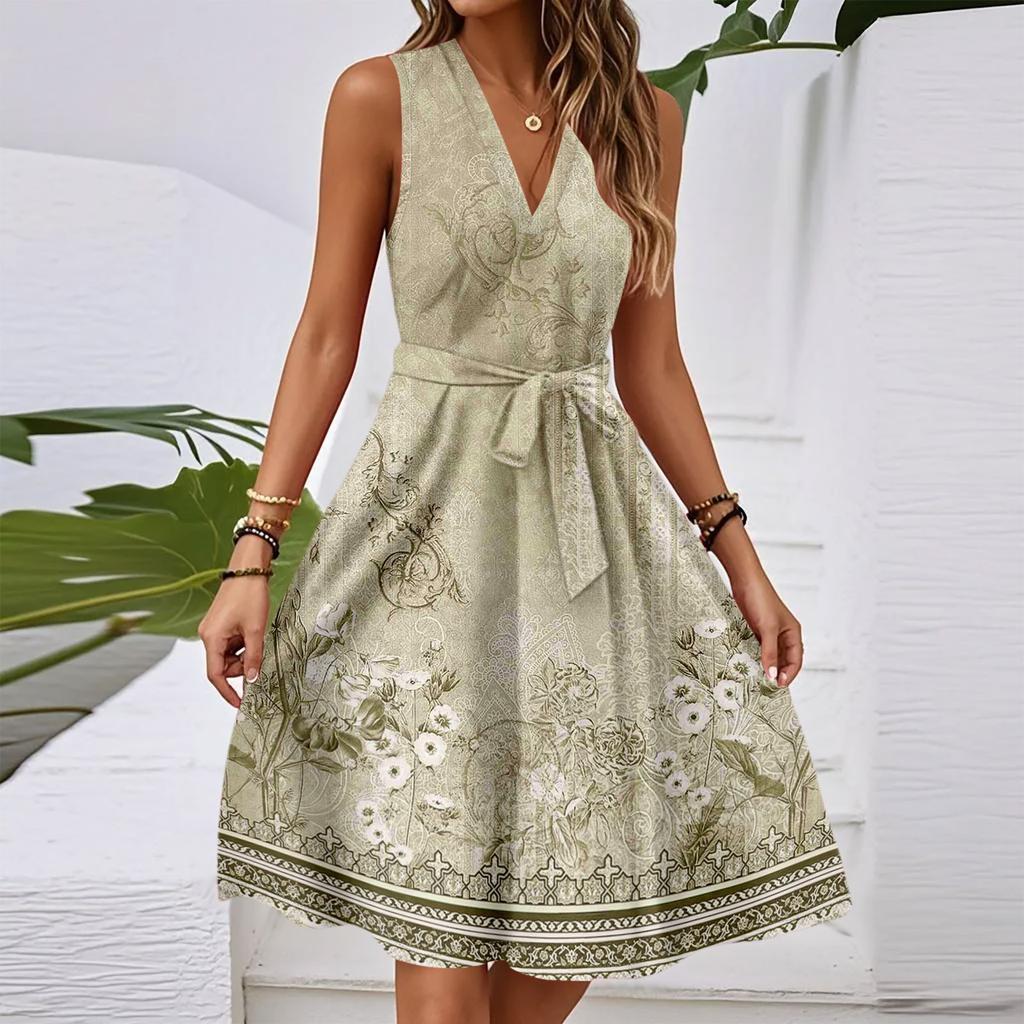 Damen Frühling Und Sommer Lässiges V-Ausschnitt Ärmellos Tailliertes Vintage Bedrucktes Midi-Kleid
