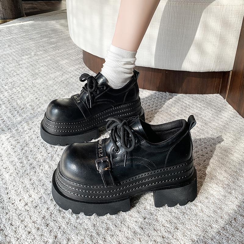 Spring 2025 New Soft Leather Lace-up Platform Heightening Loafers Women's British Style Retro Versatile JK Small Leather Shoes