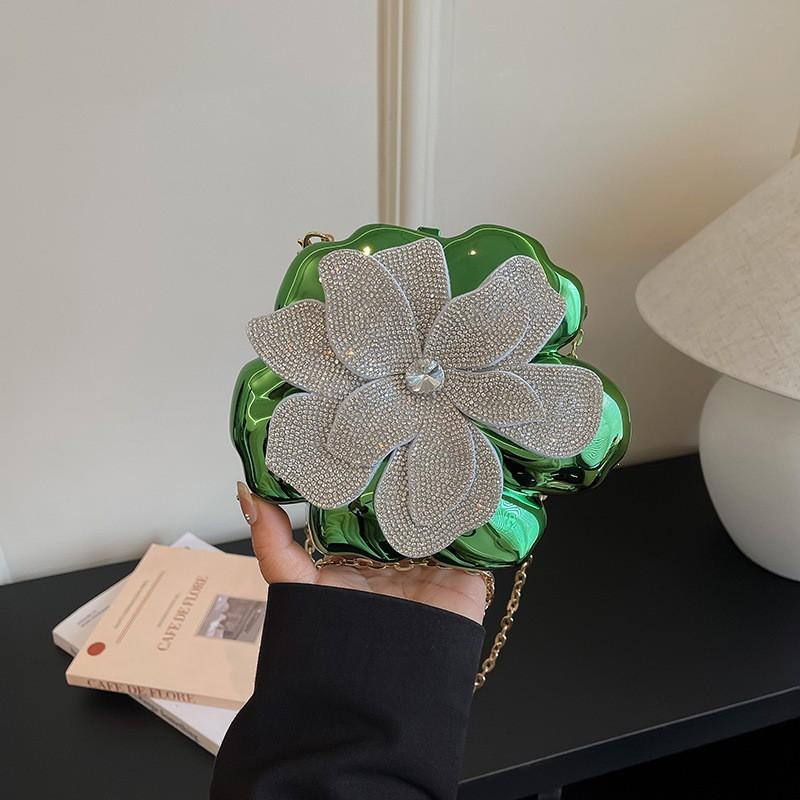 Acrylic Flower Evening Bag With Rhinestone Embellishment Metal Chain Strap Hard Shell Crossbody Purse Women