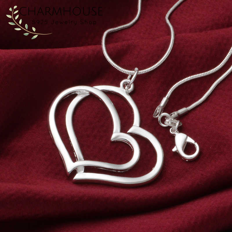 925 Stamped Silver Romantic Double Heart Pendant Necklace for Women Fashion Streetwear Jewelry Wedding Party Holiday Gifts
