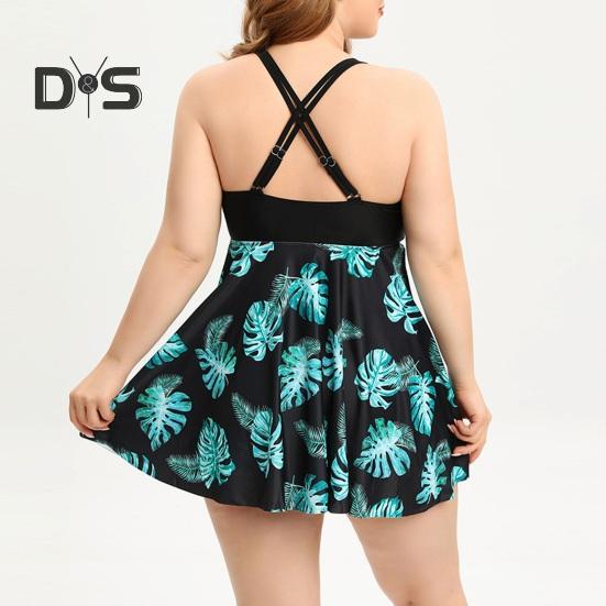 2Pcs/Set Plus Size Swimsuit Set V-Neck Halter Flowy Hem Tops Boxer Trunks Set Quick Drying Split Design Swimwear