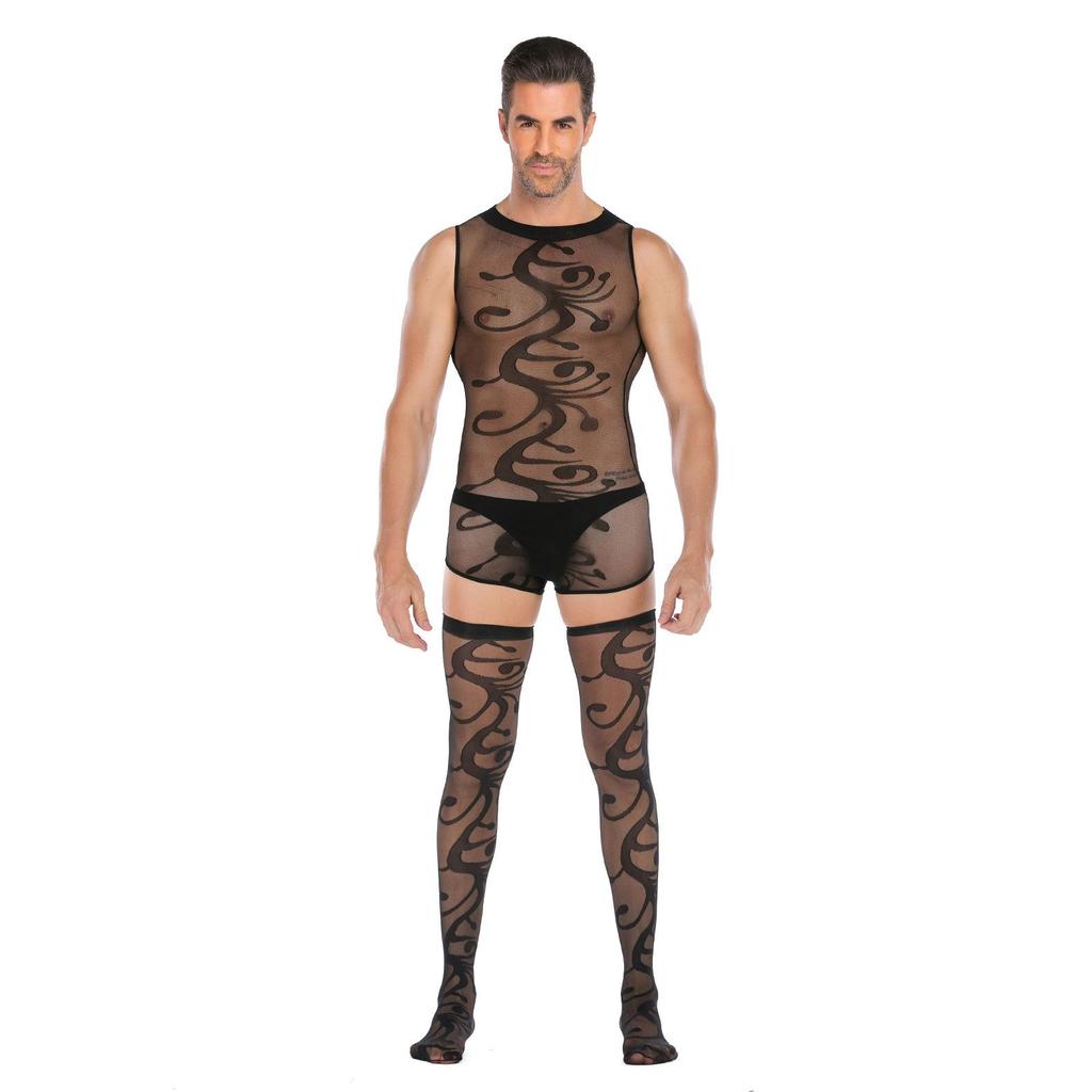 Men's Plus Size Open Crotch Fishnet Bodysuit Temptation Costume Set