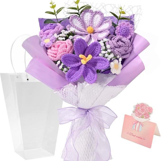 Handmade Knitted Yarn Bouquet: Crocheted Roses, Lilies, Tulips, and Gesang Flowers for Valentine's Day