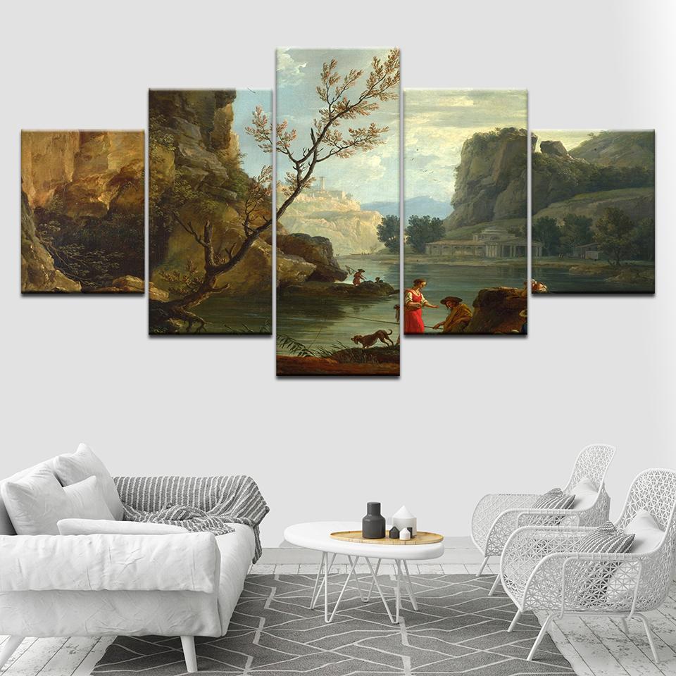 

The river with fishermen 5 Piece Wallpapers Art Canvas Print modern Poster Modular art painting for Living Room Home Decor 20x35 20x45 20x55cm