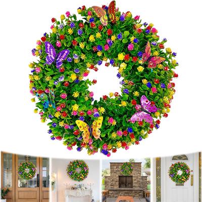 Artificial Eucalyptus Wreath Butterfly Flower Wreath Eucalyptus Leave Wreath Summer Wreath for Farmhouse Wall Window Decor