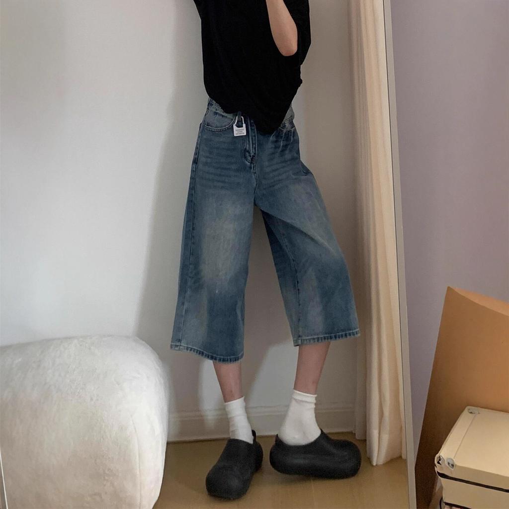 Spring and Summer Women's Three-quarter Denim Shorts Thin High Waist Loose Slim Wide Leg Pants