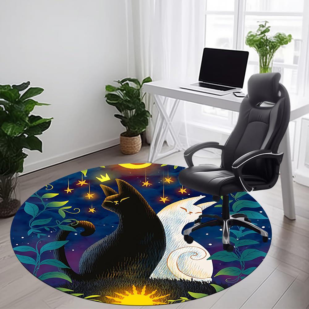 1pc Night Cats Office Round Area Rug, Indoor Mat Suitable ForOffice, Under Office Chairs Bedroom Living Room Home Decor, Room Deco T036